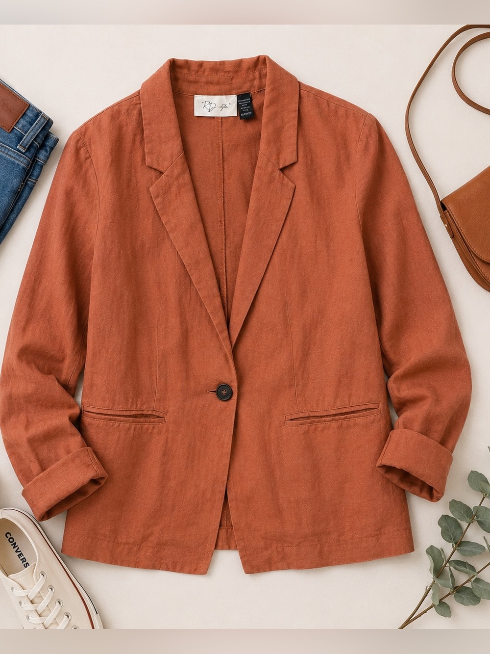 RD Style Linen Blend Rust Blazer Jacket Womens Size M Lightweight Casual